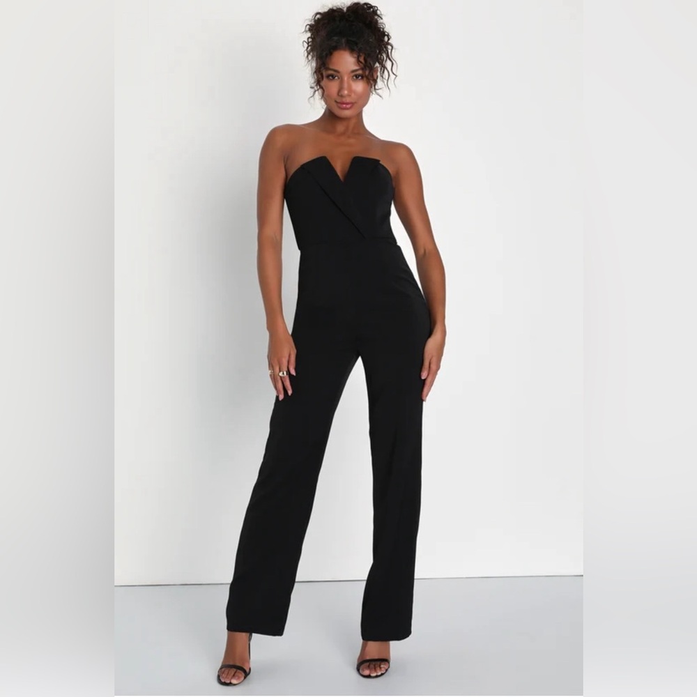 Lulus Striking Attitude Black Strapless Surplice Jumpsuit